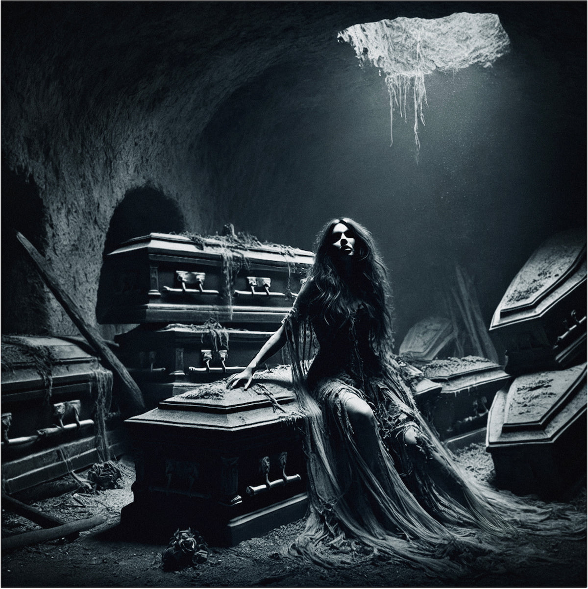 Female Vampire Among Coffins in the Catacombs