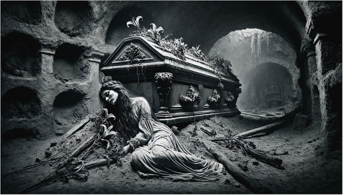 Female Vampire Lying With Coffin in the Catacombs