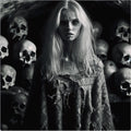 Female Vampire and Skulls in the Catacombs