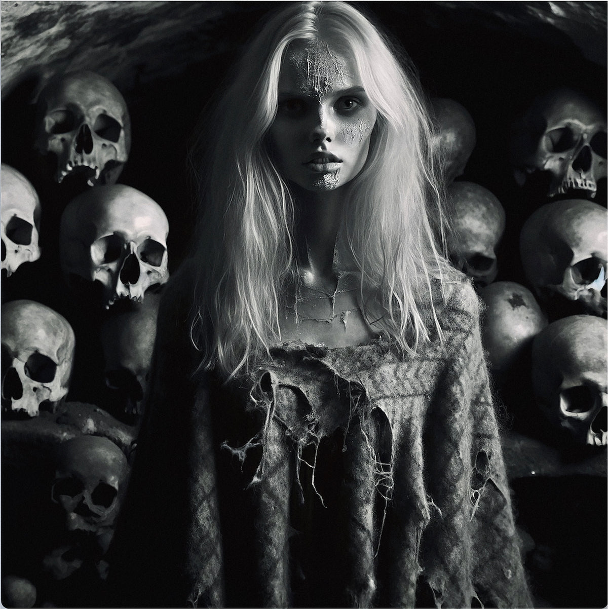 Female Vampire and Skulls in the Catacombs